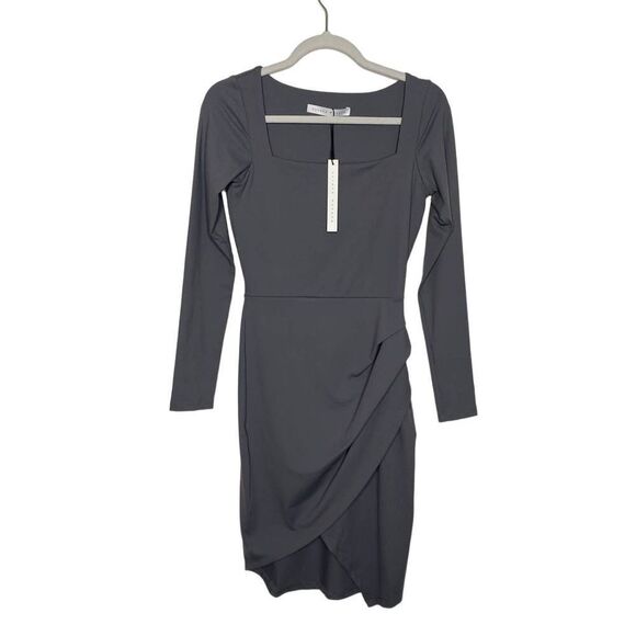 Susana Monaco Fitted Tulip Hem Long Sleeve Asymmetric Dress Mini Small Gray